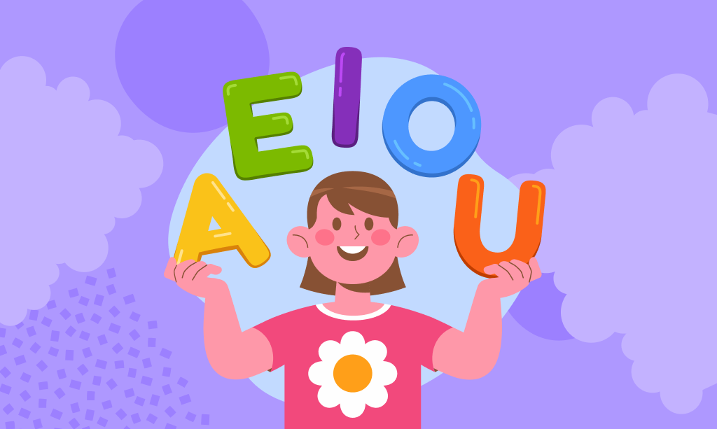 Una niña con signos de letras en inglés A, E, I, O, U, ilustración
