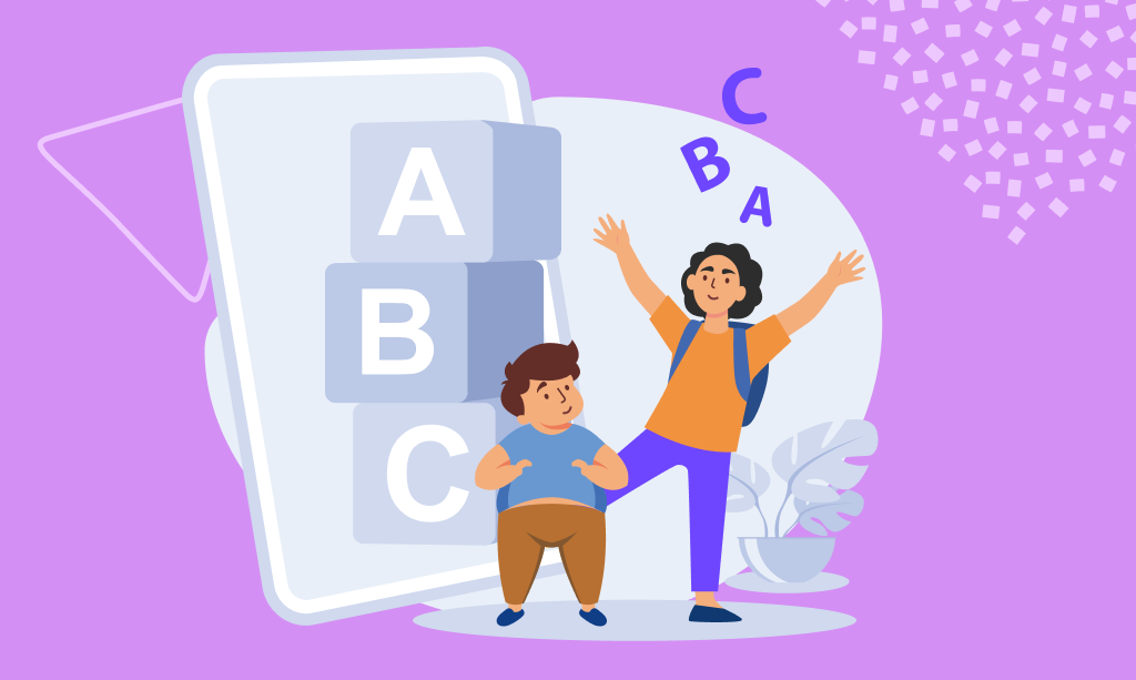 Letras en inglés, A, B, C, niños aprendiendo letras en inglés, ilustración