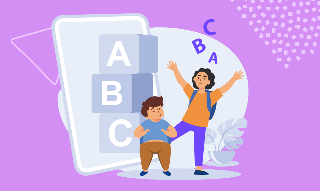 Niños, letras inglesas A,B,C, concepto aprender inglés