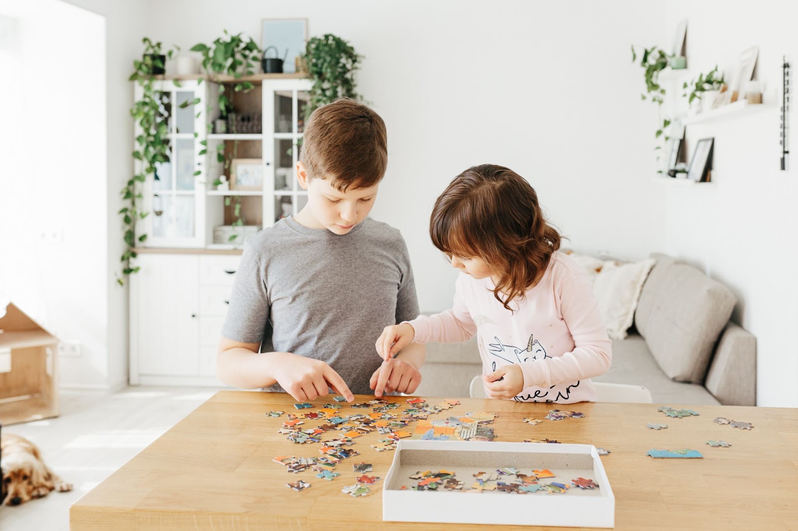 Hermano y hermana jugando puzzles en casa
