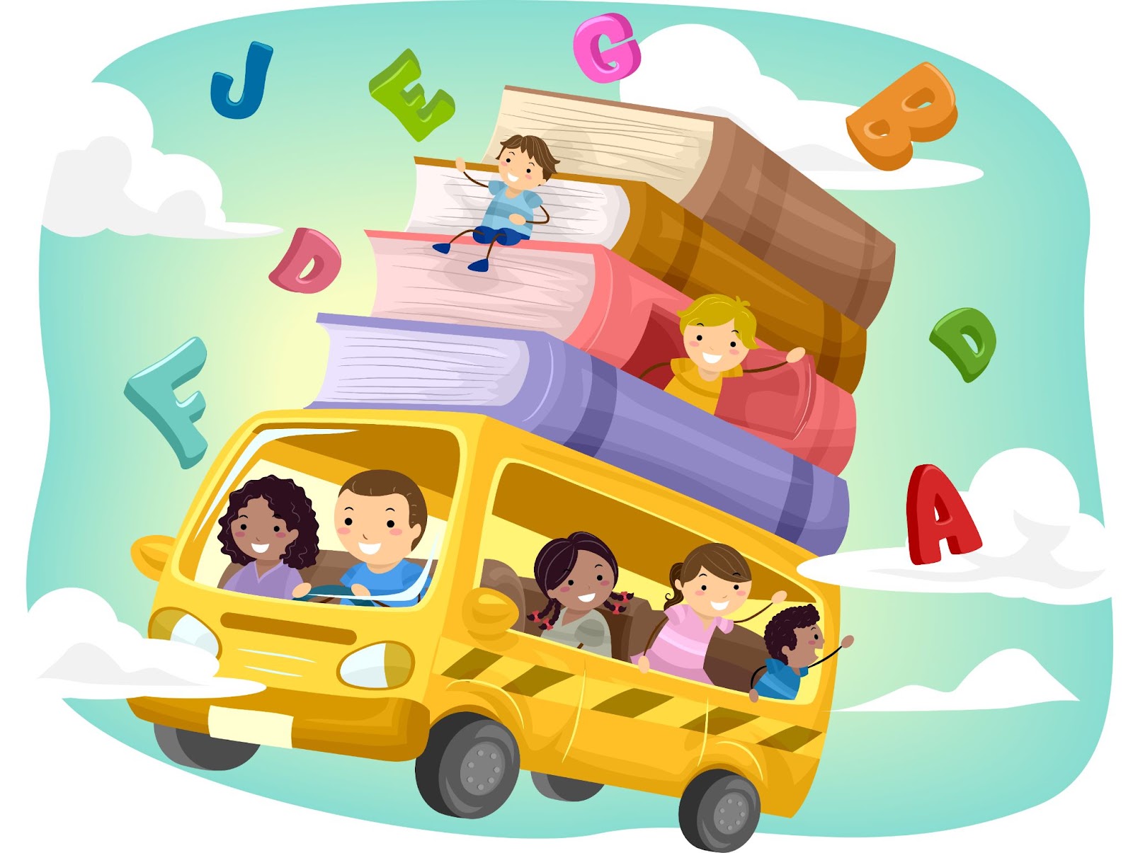 Abecedario en inglés, illustración niños en bus yendo al colegio